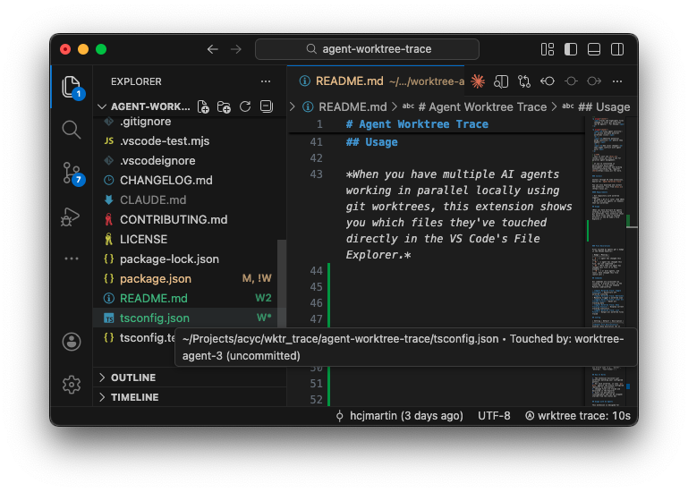 W* badge showing uncommitted agent changes